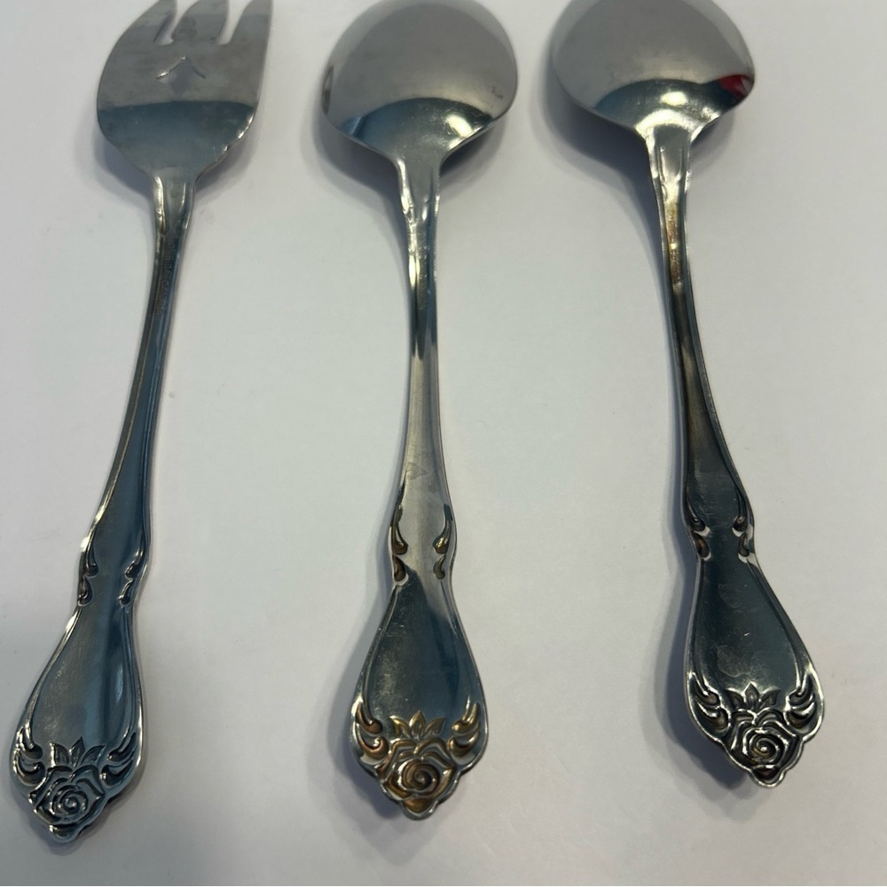 Oneida Arbor Rose Stainless 3 piece serving Spoons And Meat Fork CANADA - Picture 5 of 6